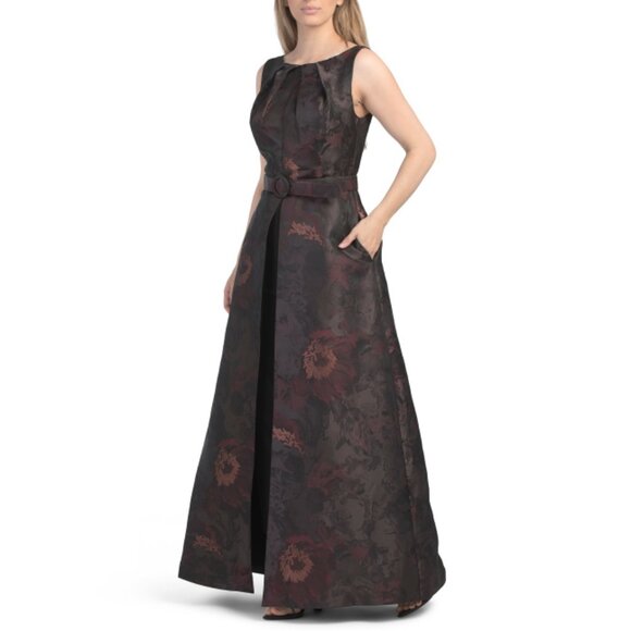 KAY UNGER Espresso Sleeveless Walk Through Jacquard Jumpsuit